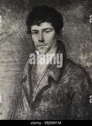 Charles de Steubens Porträt von Eugène Delacroix (1788–1856), das zwischen 1816 und 1819 entstand, zeigt den berühmten französischen romantischen Maler in einem Büstenprofil. Das Werk zeigt Delacroix ausdrucksstarke Eigenschaften und einen unverwechselbaren Look, der seine künstlerische Persönlichkeit unterstreicht. Stockfoto