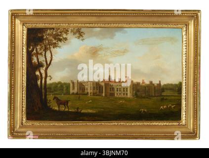 Hendrik-Frans de Cort’s Öl auf der Platte „A View of Cowdray Park from the Nordwest“ zeigt eine ländliche Landschaft mit Cowdray Park im Hintergrund. Das Gemälde zeigt die ruhige englische Landschaft. Stockfoto