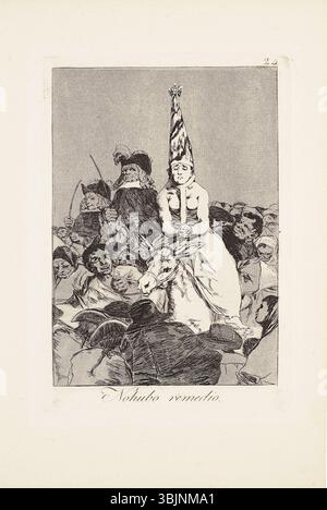 Francisco Goyas Ätzung „Nothing Could Be About IT“ (Platte 24, 1799) aus der Serie *Los Caprichos* zeigt einen Esel und eine zentrale Figur, die Goyas kritischen Kommentar zur Untätigkeit der Gesellschaft veranschaulicht. Der brünierte Aquatint hebt Details hervor. Stockfoto