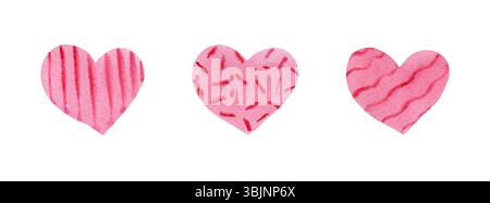 Set aus rosafarbenen Herzen mit strukturierten Wellenlinien und Streifen mit handgezeichnetem Nasseffekt Stockfoto