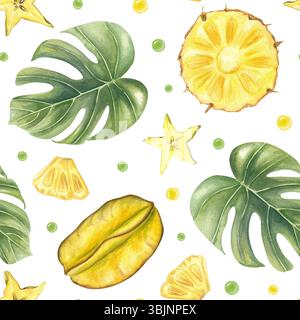 Ananas ana Carambola Scheiben, Blätter und saftige Tropfen handgemalt Aquarell nahtlose Muster isolierter Hintergrund. Tropische Früchte und Laub Stockfoto