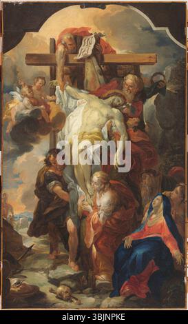 Johann Michael Rottmayrs „Aussage vom Kreuz“ stellt die biblische Szene dar, in der Christus vom Kreuz abgenommen wird. Das Öl auf Leinwand fängt die emotionale Tiefe des Augenblicks ein und betont die Trauer der beteiligten Figuren. Stockfoto
