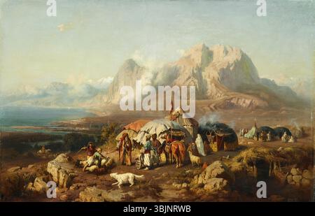 Paul von Franken’s *Feldlager im Kaukasus* (1860) ist ein Ölgemälde, das ein Militärlager im Kaukasus darstellt. Signiert und datiert, zeigt es Soldaten in ihrer Umgebung, die die harten Bedingungen der Region erfassen. Stockfoto