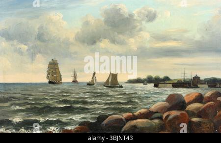 Louise Bonfils’ Gemälde „Stenkyst med skibe og sejlbåde“ aus dem Jahr 1884 zeigt eine Küstenszene mit Schiffen und Booten an einem felsigen Ufer. Das Öl auf Leinwand hebt die dynamischen Elemente der Natur hervor, von den Wellen bis zu den Schiffen. Stockfoto