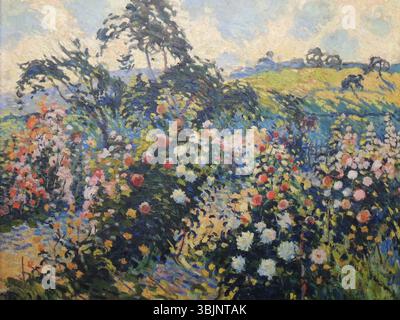 Robert Antoine Pinchons „Les Dahlias“ fängt die lebendigen Farben und komplizierten Details der Dahlien in einer realistischen Blumendarstellung ein. In Öl auf Leinwand gemalt, zeigt es die Schönheit dieser Blumen in voller Blüte. Stockfoto
