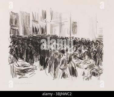 Max Liebermann (1847–1935) schuf 1912 die Judengasse, eine Lithografie auf Büttenpapier. Der signierte Druck misst 32 x 39 cm und zeigt die Straßenszene der Judengasse. Stockfoto