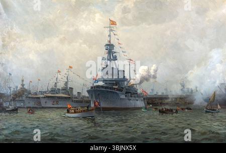Christian Benjamin Olsens Gemälde von 1929 zeigt Niels Juel, einen dänischen Marineoffizier, der während der Weltausstellung 1929 spanische Würdenträger im Hafen von Barcelona begrüßt. Im Hintergrund sind zwei Zerstörer der italienischen Turbinenklasse, der Euro und der Nembo, zu sehen. Stockfoto