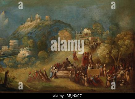 Dosso Dossis Gemälde „die Trojaner“ zeigt die Trojaner, die den Venus-Tempel in Eryx bauen und im Grab von Anchises opfern. Das Werk verbindet Mythologie und Renaissance-Kunst und zeigt die antike Welt in lebendigen Farben und Details. Stockfoto