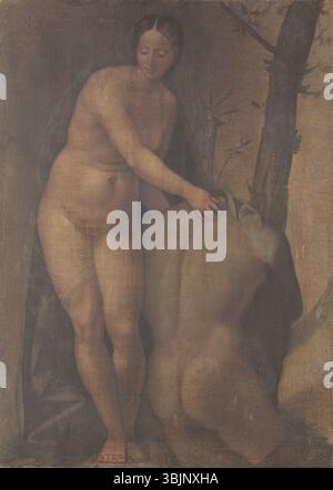 Girolamo da Trevisos „allegorische weibliche Figur“ (um 1525) stellt eine symbolische Darstellung der Weiblichkeit dar, möglicherweise als Allegorie von Tugend oder Moral. Das Öl auf Leinwand reflektiert die ideale der Renaissance von Schönheit und allegorischer Kunst. Stockfoto