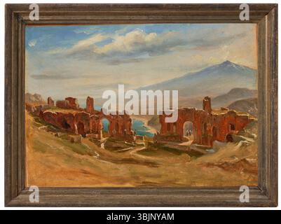 Thomas Fearnleys „Taormina, Sizilien“ ist ein Ölgemälde aus dem Jahr 1833, das die malerische Schönheit der italienischen Stadt Taormina zeigt. Das Werk zeigt die mediterrane Landschaft mit dramatischen Ausblicken auf die Küste, die Berge und die klassische Architektur, die das Wesen der Landschaftsmalerei aus dem 19. Jahrhundert widerspiegelt. Stockfoto