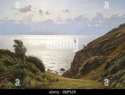 *Blick auf das Meer direkt nach Sonnenuntergang, Bornholm* von Johannes Herman Brandt, gemalt 1885, fängt die ruhige Schönheit des Meeres in der Abenddämmerung ein. Die Ölgemälde auf Leinwand spiegelt Brandts Können bei der Darstellung von Landschaften und atmosphärischen Bedingungen wider. Stockfoto