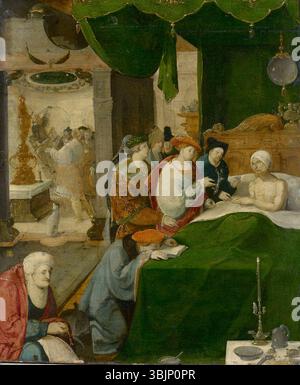 Aertgen van Leyden (1498–1564) malte um 1530 „die Konvertierung des Cromatius durch den heiligen Sebastian“. Die Öltafel zeigt das Martyrium des heiligen Sebastian, der den römischen Beamten Cromatius bekehrt. Die Szene betont religiöse Hingabe und dramatische Emotionen, die in der religiösen Kunst der Renaissance üblich sind. Stockfoto