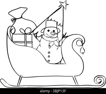 Santa Schlitten gefüllt mit schwarz-weißen Weihnachtsgeschenken, Komposition isoliert. Abbildung der grafischen Vektorfarbe. Für Poster, Einladung, Hintergrund Stock Vektor