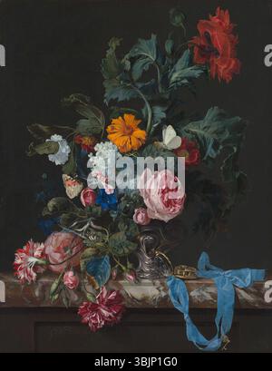 Willem van Aelsts Stilleben aus dem Jahr 1663 kombiniert lebendige Blumen mit einer Uhr und fängt die Schönheit der Natur und die menschliche Handwerkskunst in einer einzigen Komposition ein. Stockfoto