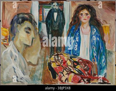 Der Künstler und sein Model. Jealousy-Theme' (1919–1921) von Edvard Munch erforscht Themen von Eifersucht und emotionalen Konflikten durch die Darstellung eines Künstlers und seines Modells. Das Öl auf der Leinwand fängt ein intensives psychologisches Drama ein. Stockfoto