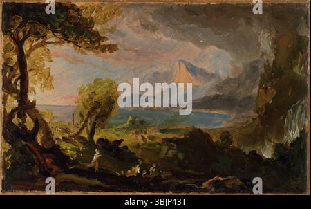 Thomas Cole (1801–1848) malte 1834 das Gemälde The Course of Empire: The Savage State. Dieses Stück zeigt eine Landschaft vor der Zivilisation, in der Menschen in Harmonie mit der Natur leben, in Coles legendärem romantischen Stil. Stockfoto