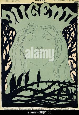 Fritz Erlers Titelillustration für das Magazin „Jugend“, April 1898, zeigt ein dynamisches Design, das den charakteristischen Illustrationsstil des Magazins zeigt und einen zeitgenössischen künstlerischen Ausdruck der Zeit einfängt. Stockfoto