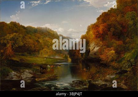 Thomas Morans Gemälde *Herbstnachmittag, der Wissahickon* aus dem Jahr 1864 fängt die natürliche Schönheit des Wissahickon Creek in Pennsylvania während des Herbstes ein und zeigt sein Können in der Landschaftsmalerei und Öl auf Leinwand. Stockfoto