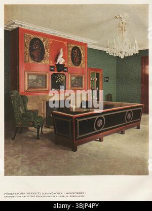 Inneneinrichtung des „Herrenhauses Wintershagen“ aus dem Jahr 1915, entworfen von Eduard Pfeiffer, mit eleganten Möbeln und klassischer Ästhetik aus dem frühen 20. Jahrhundert, gefertigt von Pössenbacher Werkstätten. Stockfoto
