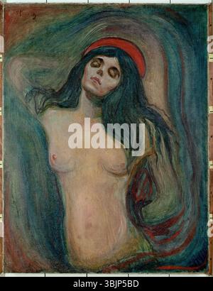 „Madonna“ von Edvard Munch, gemalt 1894, zeigt eine Frau in einer intimen und besinnlichen Pose, die Themen der Liebe, des Begehrens und der Spiritualität verkörpert. Das Öl auf Leinwand stellt Maria symbolisch und emotional komplex dar. Stockfoto