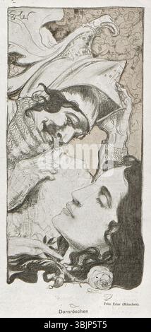 Fritz Erlers Illustration von 1898 für die Zeitschrift „Jugend“ zeigt Dornröschen. Das Werk mit komplexen Details fängt die märchenhafte Essenz der Figur in einer visuell reichen Komposition ein. Stockfoto