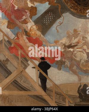 Jean-Paul Laurens’ Selbstporträt „Autoportrait de l’artiste peignant le plafond du Théâtre de l’Odéon“ aus dem Jahr 1887-1888 zeigt den Künstler, der die Decke des Théâtre de l’Odéon malte. Das Ölgemälde unterstreicht die körperliche Anstrengung und das Können, das mit der großen Kunstfertigkeit verbunden ist. Stockfoto