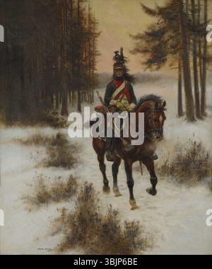 Jean Baptiste Edouard Detaille (1848–1912) malte 1899 den Dragoner und nahm einen berittenen Soldaten in Militäruniform gefangen. Dieses Öl auf Leinwand zeigt die Stärke und Entschlossenheit eines französischen Dragons, einer Kavallerie-Einheit im französischen Militär, in Detailles unverkennbarem realistischem Stil. Stockfoto