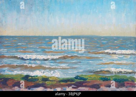Malthe Engelsted’s Ölgemälde „Coastal View with Rolling Waves“ (1873-1930) zeigt eine dramatische Meereslandschaft, die die Energie der Wellen einfängt, die gegen die Küste stürzen. Die Verwendung von Pinselstrichen und leuchtenden Farben schafft eine lebendige Darstellung der Kraft der Natur. Stockfoto