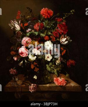 „Flower still Life with a time“ von Abraham van Beijeren (ca. 1663-1665) ist ein Ölgemälde mit leuchtenden Blumen, die mit einer Taschenuhr angeordnet sind und die Meisterschaft des Künstlers im Stillleben und die Liebe zum Detail demonstrieren. Stockfoto