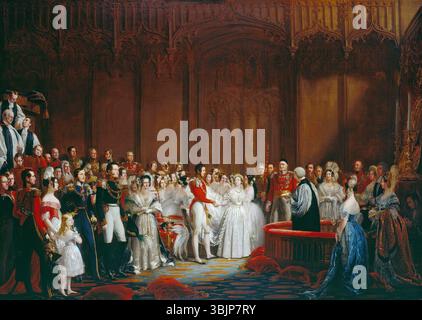 Sir George Hayter (1792–1871) malte zwischen 1840 und 1842 die Hochzeit von Königin Victoria. Das Öl auf Leinwand zeigt das bedeutsame königliche Ereignis, bei dem Königin Victoria und Prinz Albert bei ihrer Hochzeitszeremonie am 10. Februar 1840 gefangen genommen wurden. Stockfoto