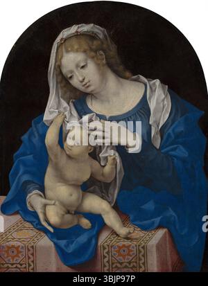 Jan Gossaert (1478–1532) schuf um 1520 „Madonna und Kind“. Dieses Ölgemälde zeigt die Jungfrau Maria, die das Christkind hält, umgeben von ruhigen Farben und komplizierten Details. Gossaerts Einsatz von Licht und Schatten unterstreicht die heilige Bindung zwischen Mutter und Kind. Stockfoto