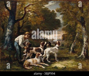 Dieses Gemälde auf Leinwand von Narcisse Virgilio Díaz zeigt einen Jungen, der von fünf Hunden begleitet wird. Die Zusammensetzung betont die natürliche Umgebung und die Interaktion zwischen Mensch und Tier. Stockfoto