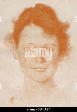 Fritz Erlers Gemälde „Junge Frau“ aus dem Jahr 1898 erschien in der deutschen Kunst- und Literaturzeitschrift Jugend, Ausgabe 26. Das Werk stellt eine junge Frau dar, die stilistische Trends in der deutschen Bildkultur des späten 19. Jahrhunderts widerspiegelt. Stockfoto