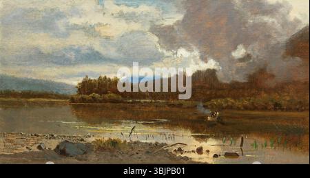 „Landscape with Lake“ von Eugen Jettel (1845–1901) ist ein Ölgemälde auf der Tafel, das einen ruhigen Blick auf den See zeigt. Die Komposition betont die natürliche Schönheit mit einem Schwerpunkt auf dem ruhigen Wasser und der umliegenden Landschaft. Stockfoto