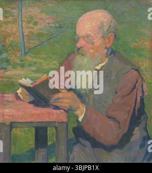 Elemír Halász-Hradils Gemälde *Ítajúci starec* aus dem Jahr 1906 zeigt einen älteren Mann, der sich intensiv auf seine Aufgabe konzentriert. Das Öl auf der Leinwand zeigt die Müdigkeit des Alters und die Konzentration des Motivs. Stockfoto