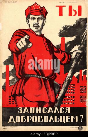 Dmitry Moor (1883–1946) war ein russischer Grafiker, der für seine politischen Plakate und Illustrationen bekannt war. Dieses Werk aus dem Jahr 1920 repräsentiert seinen Stil, der sich durch starke grafische Gestaltung und politische Themen während der frühen Sowjetzeit auszeichnet. Stockfoto