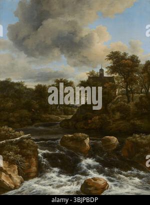 Jacob van Ruisdaels *Chapel by a Waterfall* (1650er Jahre) ist ein heiteres Ölgemälde, das die natürliche Schönheit eines Wasserfalls in der Nähe einer Kapelle einfängt. Ruisdaels Fähigkeit, Natur mit Architektur zu verbinden, ist offensichtlich. Stockfoto