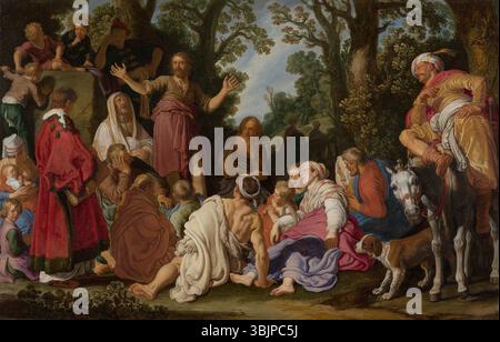 Pieter Lastmans Ölgemälde von 1627 zeigt den heiligen Johannes den Täufer, der eine Predigt hält, eine bedeutende biblische Szene. Das Werk wird detailliert auf der Tafel dargestellt und zeigt Lastmans Beherrschung religiöser Themen und Figurenkomposition. Stockfoto