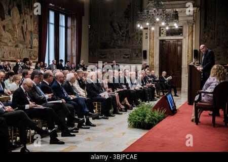 Rom, Konferenz zur Vorstellung des Berichts über eine nationale Sicherheitsstrategie in der Abgeordnetenkammer. An der Konferenz nahmen der Verteidigungsminister Guido Crosetto und der Präsident der Republik Sergio Mattarella am 16. Juni 2025 in Rom Teil. Copyright: XAndreaxCalandrax Stockfoto