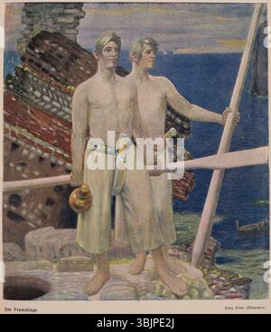 *Die Fremdlinge* (1905) von Fritz Erler (1868–1940) ist ein evokatives Gemälde, das Themen der Entfremdung und des Außenstehenden thematisiert. Das Werk wurde im Magazin *Jugend* vorgestellt und spiegelt Erlers Fähigkeit wider, emotionale Tiefe durch Farbe und Komposition zu vermitteln. Stockfoto