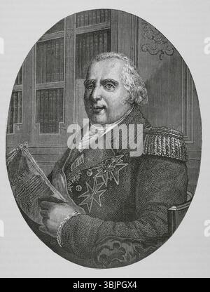 Louis XVIII (1755-1824). König von Frankreich und Navarra (1814–1824). Hochformat. Gravur. "Histoire du Consulat et de l'Empire" (Geschichte des Konsulats und des französischen Reiches unter Napoleon), von A. Thiers. Band IV. Veröffentlicht in Barcelona, 1879. Stockfoto
