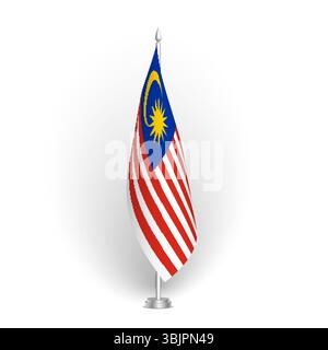 Malaysische Flagge – 3D-Standard-Konferenzflagge hängt am Bodenfahnenmast. Geeignet für Gipfeltreffen, Tagungen im Innenbereich, Konferenzräume, Regierungsbüros, Presseräume oder Empfänge. Vektorflagge mit Schattierung Stock Vektor