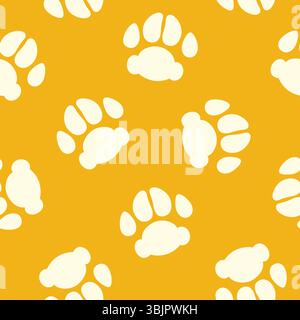 Nahtloses Muster für die Fußabdrücke der PET-Pfoten. Weiße Hundespuren auf gelbem Hintergrund. Vektormuster. Stock Vektor