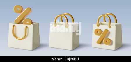 Weiße 3D-Einkaufstaschen mit goldenem Prozentzeichen. Realistische dreidimensionale Vektordarstellungen für Verkauf und Rabatt. Stock Vektor