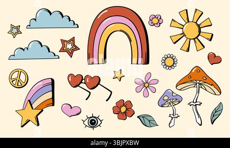 Set aus Elementen im Retro-Stil der 70er Jahre mit Blumendesign. Stock Vektor