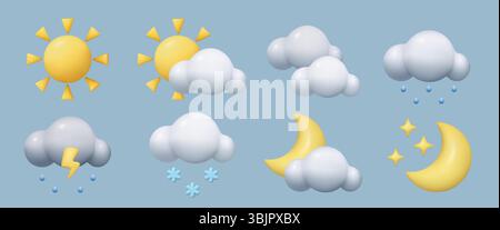 3D-Wettervorhersage-Symbole setzen minimales niedliches Spielzeug dreidimensionale Vektor-Himmel-Design-Elemente Stock Vektor