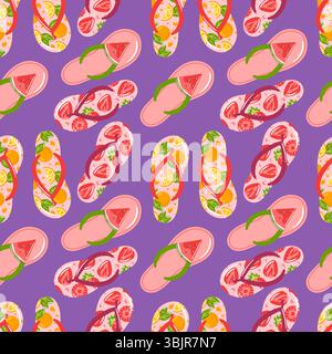 Das nahtlose Muster zeigt lebendige Flipflops mit verspielten Designs aus Wassermelone, Erdbeere und Orange. Perfekt, um das Wesen von festzuhalten Stock Vektor