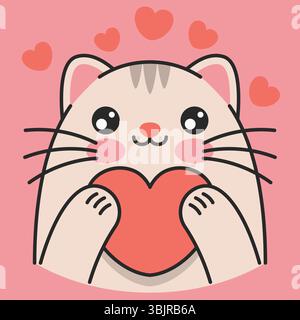 Die süße Katze hält das Herz in den Pfoten. Valentinstag-Konzept EPS10 Stock Vektor