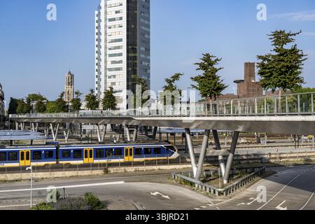 Die Moreelse brug, Fußgänger- und Radbrücke über die Gleise des Utrecht Centraal, Hauptbahnhof, mit Bäumen bepflanzt, Niederlande Stockfoto