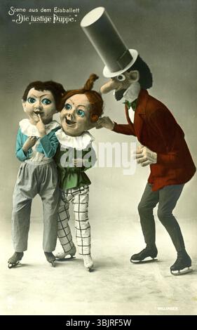 Eisballett, 1920er Jahre, drei Figuren mit übergroßen Köpfen stehen zusammen in einer Comicszene, historisches Foto Stockfoto